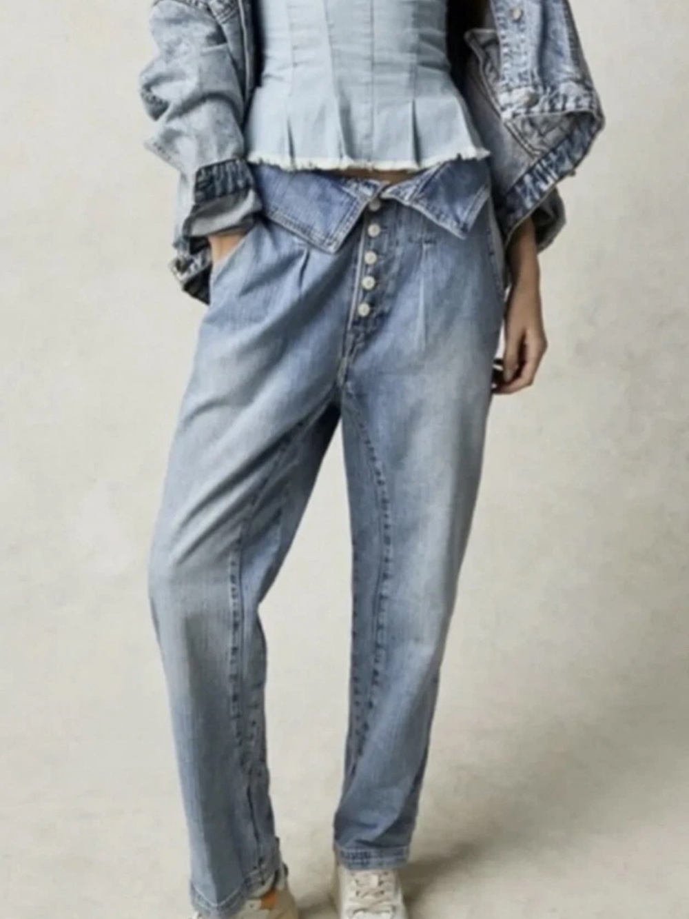 Free People Noah Foldover Harem Jeans Railroad Stripes Paper Bag Small